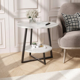 60Cm Round Side End Table Living Room Coffee Table 2 Tier Marble Effect Storage Shelf - thumbnail 3