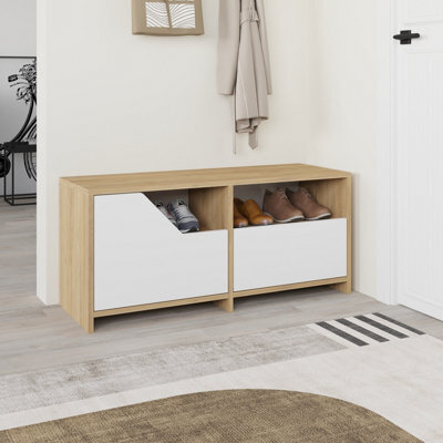 Decortie Modern Nexus Shoe Cabinet Oak, White 105(W) 2-Door Storage And Open Shelf Space Saver Engineered Wood Hallway - image 1