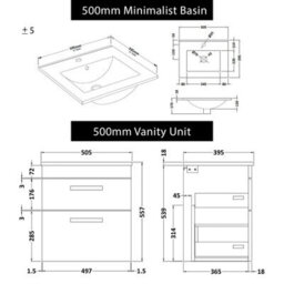 Royal Bathrooms Turin Indigo Grey Gloss 500mm Wall Hung Vanity Unit 2 Drawer With Minimalist Basin Sink - thumbnail 8