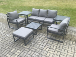 Fimous Aluminium 6 Seater Outdoor Lounge Sofa Set Garden Furniture Sets With Coffee Table Chair Big Footstool Dark Grey - thumbnail 1