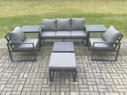 Fimous Aluminium 6 Seater Outdoor Lounge Sofa Set Garden Furniture Sets With Coffee Table Chair Big Footstool Dark Grey - thumbnail 2