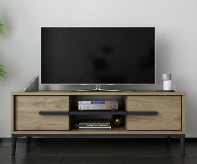 Decorotika Eslem Tv Stand, Tv Cabinet, Tv Unit With Two Shelves And Two Cabinets - Oud Oak Pattern And Black - image 1