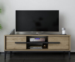 Decorotika Eslem Tv Stand, Tv Cabinet, Tv Unit With Two Shelves And Two Cabinets - Oud Oak Pattern And Black - thumbnail 1