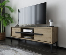Decorotika Eslem Tv Stand, Tv Cabinet, Tv Unit With Two Shelves And Two Cabinets - Oud Oak Pattern And Black - thumbnail 2
