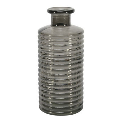 Dove Grey Glass Horizontal Ribbed Bottle Vase. Height 21 Cm