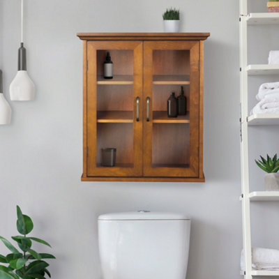 Teamson Home Wall-Mounted Bathroom Cabinet With Glass Doors, Oiled Oak - image 1