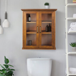 Teamson Home Wall-Mounted Bathroom Cabinet With Glass Doors, Oiled Oak - thumbnail 1
