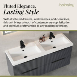 Balterley Fluted Front Wall Hung 4-Drawer Bathroom Vanity Unit With Double Basin, 1200mm, Satin Dark Grey, Black Handles - thumbnail 4