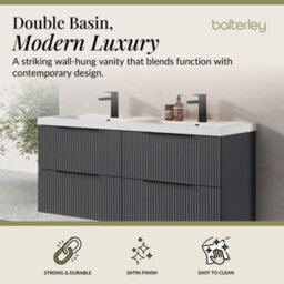 Balterley Fluted Front Wall Hung 4-Drawer Bathroom Vanity Unit With Double Basin, 1200mm, Satin Dark Grey, Black Handles - thumbnail 2
