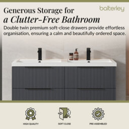 Balterley Fluted Front Wall Hung 4-Drawer Bathroom Vanity Unit With Double Basin, 1200mm, Satin Dark Grey, Black Handles - thumbnail 3