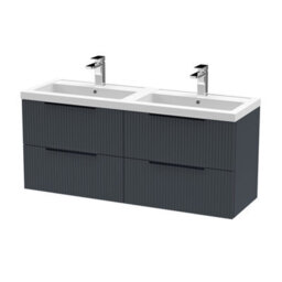 Balterley Fluted Front Wall Hung 4-Drawer Bathroom Vanity Unit With Double Basin, 1200mm, Satin Dark Grey, Black Handles