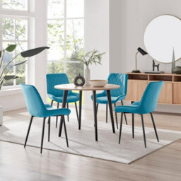 Furniturebox Uk Koko Oak Effect Round Dining Table & 4 Blue Pesaro Black Leg Chairs - thumbnail 1