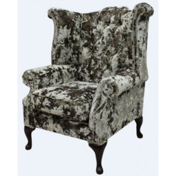 Chesterfield High Back Wing Chair Lustro Liqueur Velvet Fabric In Queen Anne Style - thumbnail 3