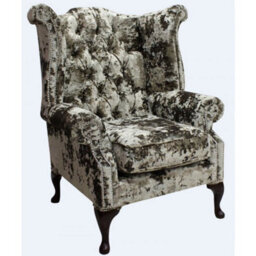 Chesterfield High Back Wing Chair Lustro Liqueur Velvet Fabric In Queen Anne Style - thumbnail 2