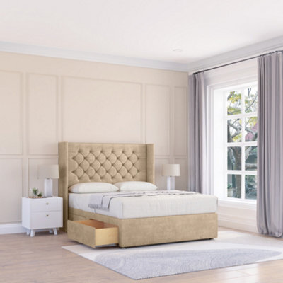 "Sloomy 4Ft6 Dior Coniston Almond Memory Foam Bed Set With 2 Drawers, Mattress & 54"" Wingback Headboard - Double" - image 1