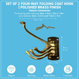 Thorness Set Of Two Polished Brass 3 Prong Swibel Coat Hooks Folding Wall Mount Hanger With Screws Included - thumbnail 4