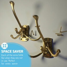 Thorness Set Of Two Polished Brass 3 Prong Swibel Coat Hooks Folding Wall Mount Hanger With Screws Included - thumbnail 2
