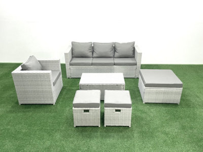 Fimous Rattan Garden Furniture Set 3 Seater Sofa Chair Rectangular Coffee Table 3 Stools Light Grey 6 Seater - image 1