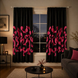 "Smart Living Polycotton Curtains Pair With Tie Backs - Contemporary Scroll Pattern- Black/fuschia - 66""x72""" - thumbnail 2