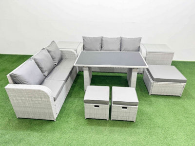 Fimous 9 Seater Rattan Outdoor Dining Table 3 Seater Sofa Set With 2 Side Tables 3 Stools Light Grey - image 1