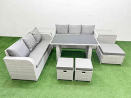 Fimous 9 Seater Rattan Outdoor Dining Table 3 Seater Sofa Set With 2 Side Tables 3 Stools Light Grey - thumbnail 1