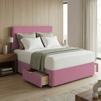 "Adore Designs Victoria Plush Velvet Divan Bed, 50"" Headboard & Mattress - 3Ft Single - Pink - 2 Drawers Same Side" - image 1