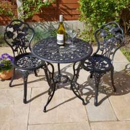 Home Source Rose Detail Outdoor Garden Bistro Patio Table And Chair Set Black - thumbnail 1