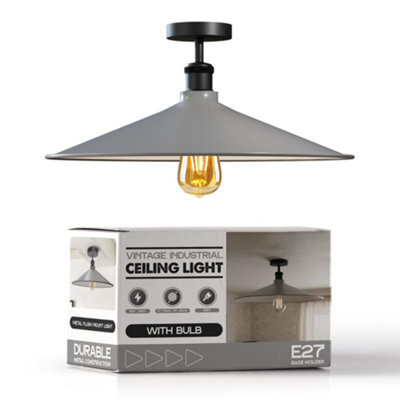 Vintage Semi Flush Mount Ceiling Light With E27 Base Metal 40Cm Grey Shade For Kitchen, Living Room With Bulb - image 1