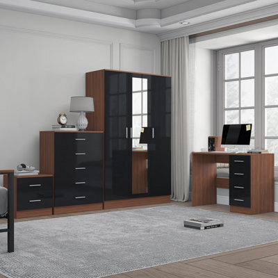 Reflect 3 Door Mirror Wardrobe, 5 Drawer Chest, 2 Drawer Bedside & Desk - Black Gloss & Walnut - Modern Bedroom Furniture Set - image 1