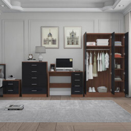 Reflect 3 Door Mirror Wardrobe, 5 Drawer Chest, 2 Drawer Bedside & Desk - Black Gloss & Walnut - Modern Bedroom Furniture Set - thumbnail 4