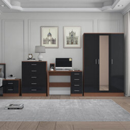 Reflect 3 Door Mirror Wardrobe, 5 Drawer Chest, 2 Drawer Bedside & Desk - Black Gloss & Walnut - Modern Bedroom Furniture Set - thumbnail 3
