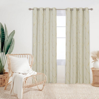 Deconovo Blackout Eyelet Curtains, Thermal Gold Wave Foil Printed Curtains For Kids Bedroom, 66 X 90 Inch, Beige, One Pair - image 1