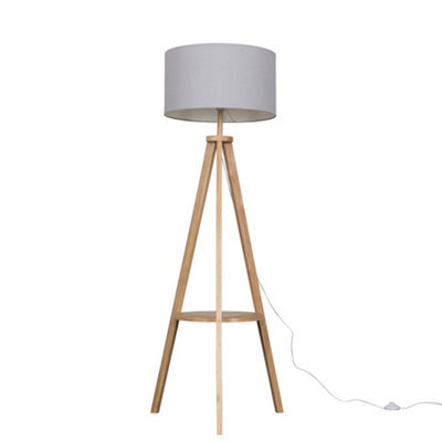 Valuelights Morrigan Natural Wood Shelf Tripod Floor Lamp With Grey Drum Shade - image 1
