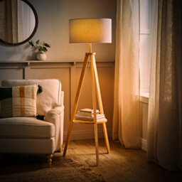 Valuelights Morrigan Natural Wood Shelf Tripod Floor Lamp With Grey Drum Shade - thumbnail 2