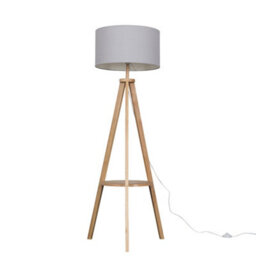 Valuelights Morrigan Natural Wood Shelf Tripod Floor Lamp With Grey Drum Shade - thumbnail 1