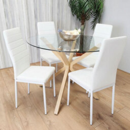 Kosy Koala Round Glass Dining Table Set With 4 White Faux Leather Chairs Dining Room Furniture - thumbnail 1