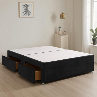 Black Plush Fabric 4Ft6 Double Bed Base With 2 Spacious Drawers - image 1