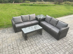 Fimous 6 Seater Outdoor Rattan Garden Furniture Set With Patio Lounge Sofa Set With Rectangular Coffee Table Side Table - thumbnail 2