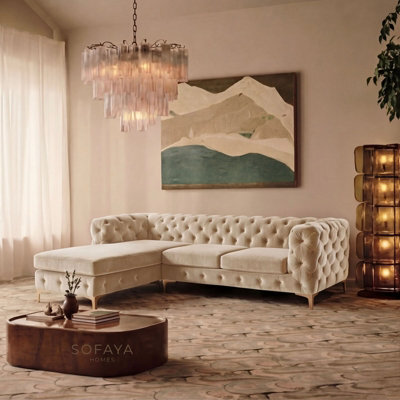 Monaco Chesterfield 3 Seater Chaise Sofa Cream Velvet L Shaped Corner Chaise- Left Hand Deep Buttoned Upholstery Couch Lounge - image 1