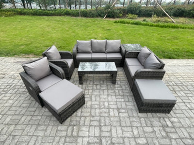Fimous 9 Seater Rattan Garden Furniture Set Rattan Lounge Sofa Set With Coffee Table Side Table 2 Big Footstool - image 1
