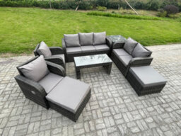 Fimous 9 Seater Rattan Garden Furniture Set Rattan Lounge Sofa Set With Coffee Table Side Table 2 Big Footstool - thumbnail 2