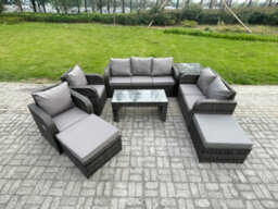 Fimous 9 Seater Rattan Garden Furniture Set Rattan Lounge Sofa Set With Coffee Table Side Table 2 Big Footstool - thumbnail 1