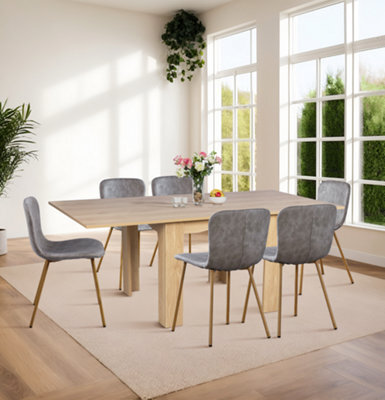Hallowood Furniture Newquay Oak Flip Top Extending Table With 6 Taupe Leather Effect Chair With Oak Effect Legs - image 1
