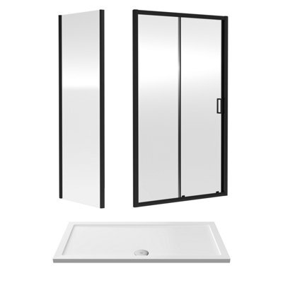 Balterley 6mm Toughened Safety Glass Sliding Shower Door, Side Panel And Shower Tray - 1400 X 700 X 1900mm - Matt Black Frame - White Tray - image 1