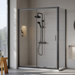 Balterley 6mm Toughened Safety Glass Sliding Shower Door, Side Panel And Shower Tray - 1400 X 700 X 1900mm - Matt Black Frame - White Tray - thumbnail 2