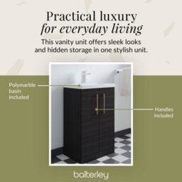 Balterley Level Compact Bathroom Cloakroom Vanity Basin Unit With Polymarble Basin, Brushed Bronze Handles, 500mm, Woodgrain Black - thumbnail 7