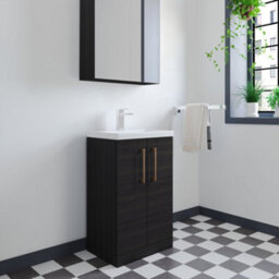 Balterley Level Compact Bathroom Cloakroom Vanity Basin Unit With Polymarble Basin, Brushed Bronze Handles, 500mm, Woodgrain Black - thumbnail 3
