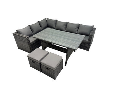 Fimous Outdoor Pe Rattan Sofa Set With Dining Table Patio Garden Furniture Sets With 2 Small Stools Dark Grey Mixed - image 1