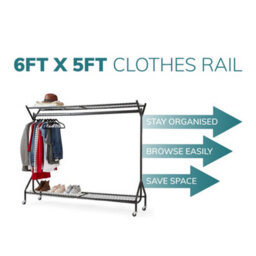 House Of Home Black Heavy Duty Metal Clothes Rail On Wheels With 2 Shelves 6Ft X 5Ft Wardrobe & Shoe Storage Organiser - thumbnail 7