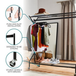House Of Home Black Heavy Duty Metal Clothes Rail On Wheels With 2 Shelves 6Ft X 5Ft Wardrobe & Shoe Storage Organiser - thumbnail 6